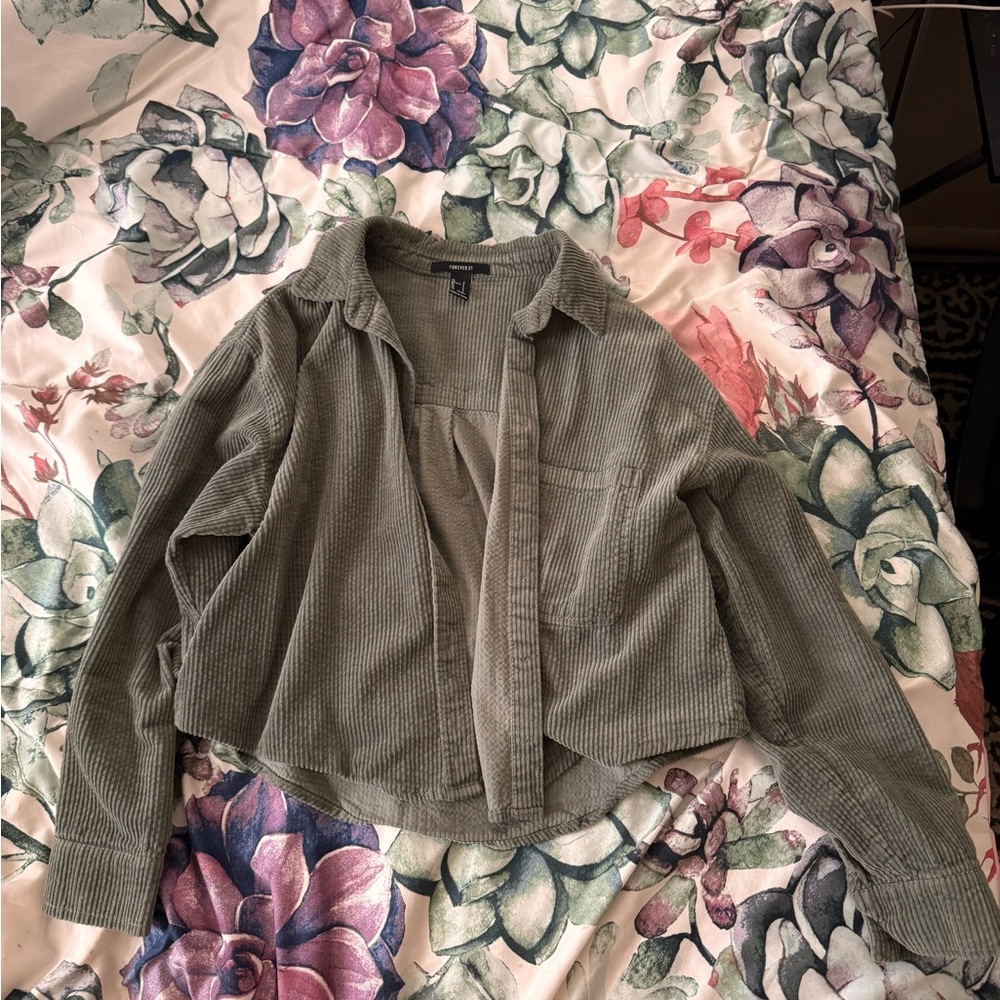 F21 green button up jacket